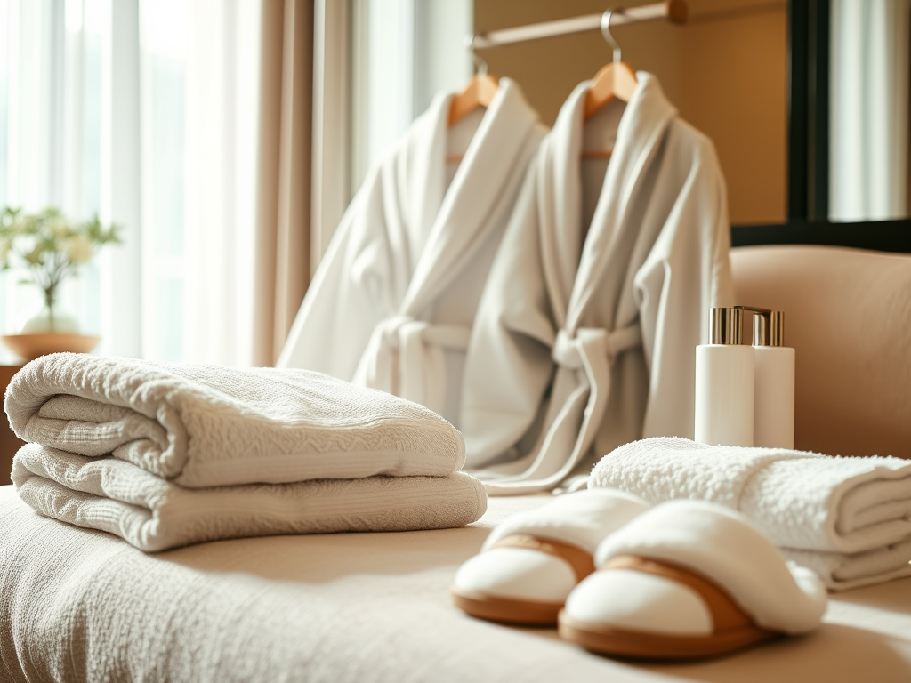 A cozy hotel room setup featuring neatly folded towels, a pair of white slippers, and two plush bathrobes hanging on a rack, with a serene indoor plant in the background.