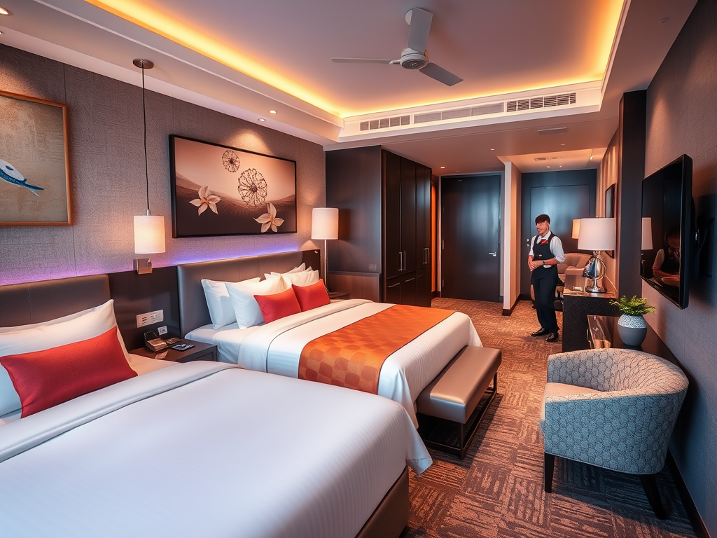 A modern hotel room featuring two beds with decorative pillows, a sitting area with an armchair, and a large television. A hotel staff member in formal attire stands by the door, providing a welcoming atmosphere with soft lighting and contemporary decor.