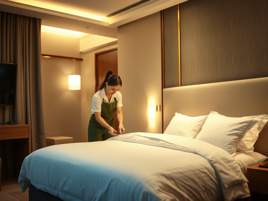 A hotel staff member arranging bedding on a neatly made bed in a modern hotel room, featuring soft lighting and contemporary decor.