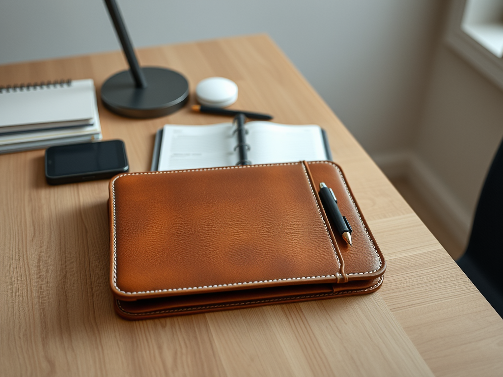 A close-up of a wooden desk featuring a brown leather portfolio, a black pen, a smartphone, a desk lamp, a notepad, and an open planner.